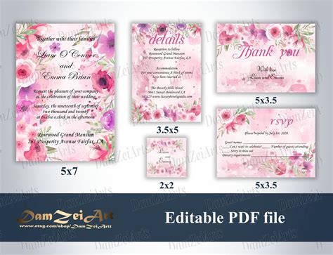 Pink Rose Wedding Invitation Template Set Fully Editable Etsy