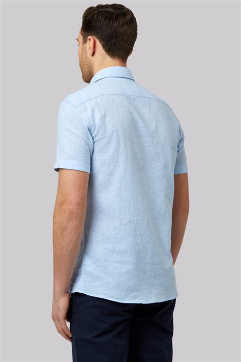 Moss 1851 Slim Fit Sky Linen Short Sleeve Casual Shirt