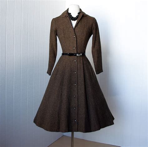 Vintage 1950s Dress Classic Wool Tweed Full Skirt