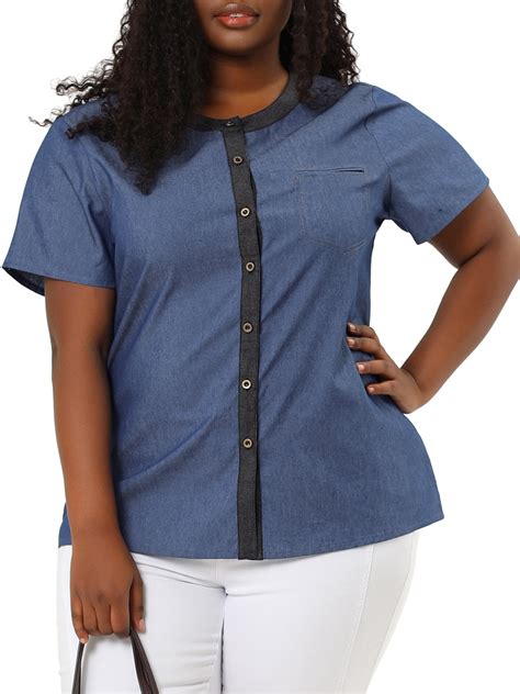 Unique Bargains Womens Plus Size Round Neck Short Sleeve Button Denim Shirt