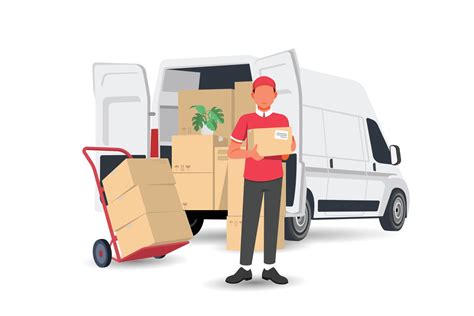 Delivery Man With A Box And White Van Car Vector Illustration In Flat