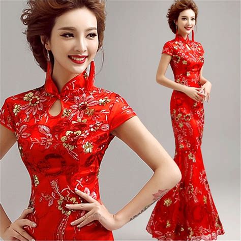 Chinese Traditional Dress Womens Satin Red Long Cheongsam Dress Qipao Clothings Embroidery