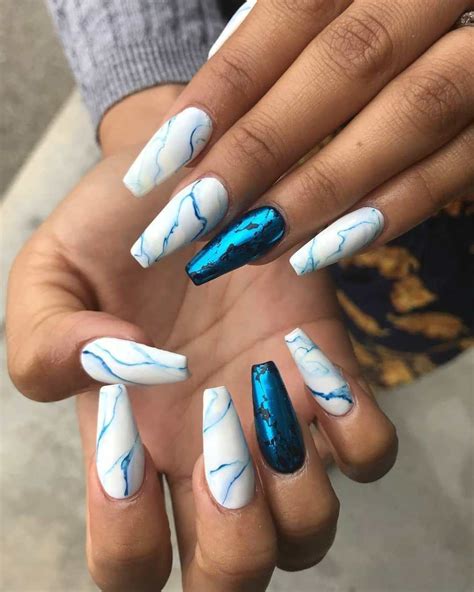 The glossy pink and white and gold makes it fancy and have a classic look. Blue marble coffin nail art design - nail art design #nail ...