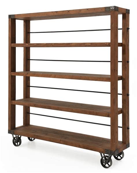 Chorley Industrial Rustic Metal Wood Rolling Bookcase With Wheels