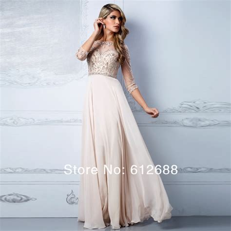 New Arrival Beige Long Chiffon Beading Crystal Prom Dresses Party