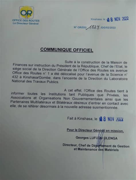 RDC voici la nouvelle adresse du siège social de la Direction Générale