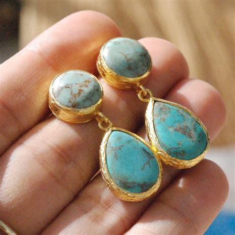 Blue Turquoise Earrings Made With Silver Coated K Gold Big Etsy