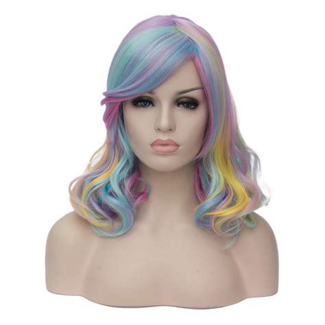 Womens Short Costume Curly Rainbow Synthetic Wig Wig Cap Multi Color