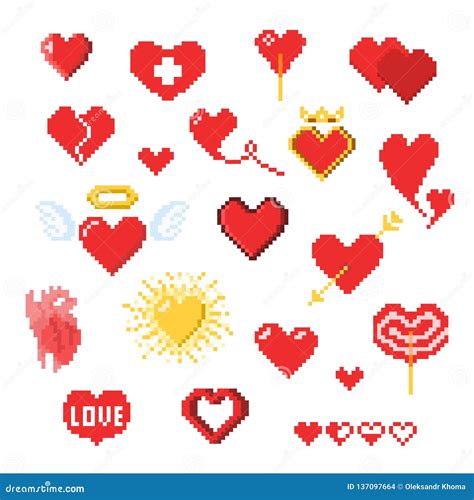 Various Pixel Heart Icons Isolated On White Valentines Day Decor In