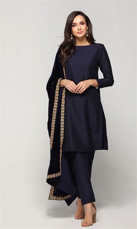 Navy Blue Silk Salwar Kameez Short Length Dress Punjabi Suit Etsy