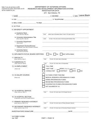 Va Form 10 5368 Investigator Data Sheet South Texas Veterans