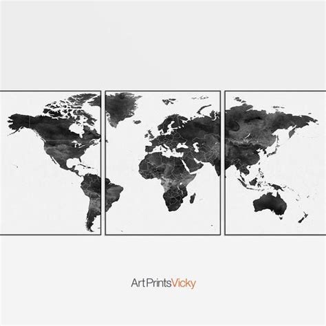 World Map Wall Art Set Of 3 Prints Black And White World Map Etsy