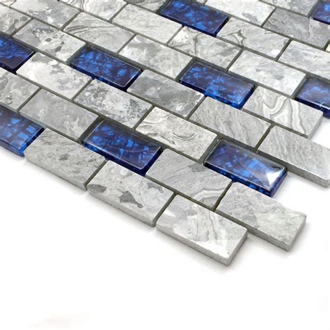 Stone And Glass Wall Mosaic 1x2 Subway Tile Royal Blue And Gray