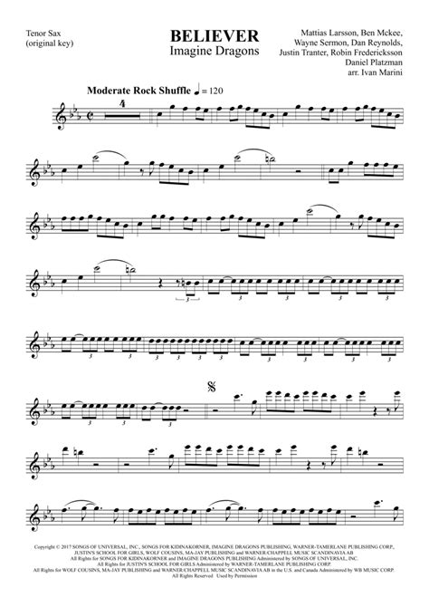 Believer Sheet Music Imagine Dragons Tenor Sax And Piano