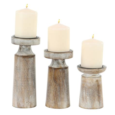 Wooden Round Candle Holder With Pedestal Stand Set Of 3 Distressed