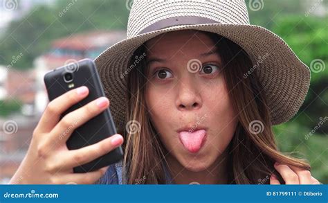 Adorable Teen Girl Making Selfies And Funny Faces Stock Image 81799111