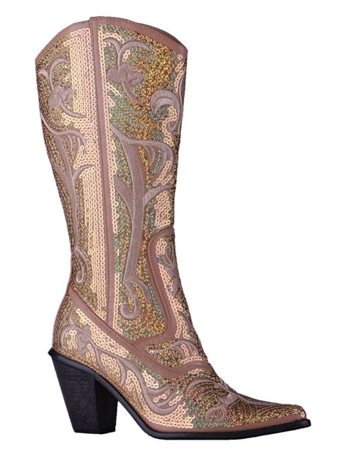 Helens Heart Gold Blingy Sequins Cowboy Boots Womens Brown Cowboy