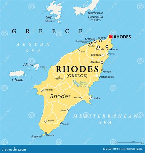 Rhodes Political Map Largest Of The Dodecanese Island Of Greece Stock