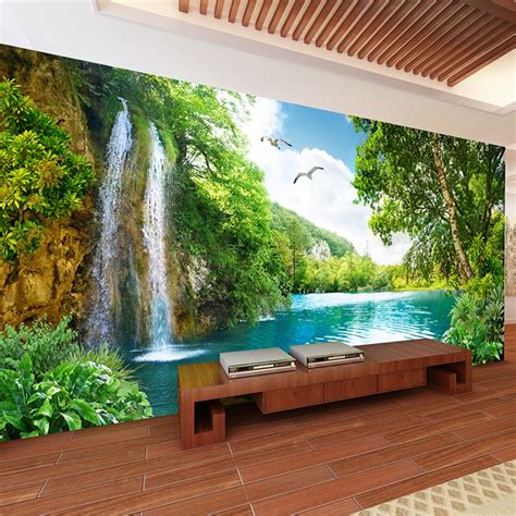 Custom 3d Wall Mural Wallpaper Home Decor Green Mountain Waterfall