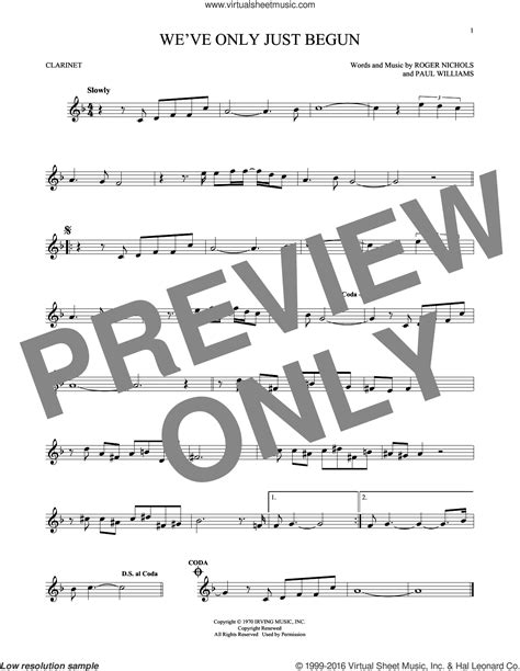 Carpenters Weve Only Just Begun Sheet Music For Clarinet Solo