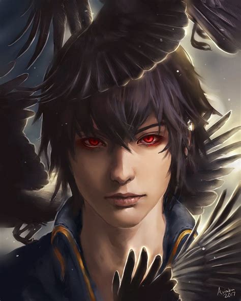 An Anime Character With Red Eyes And Black Wings Holding His Hands Out To The Side