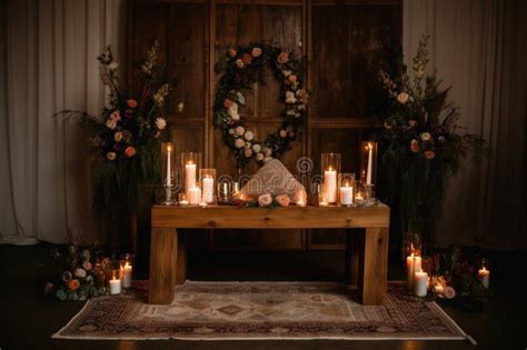 Ceremony Setup With A Wooden Altar Candles And Flowers Stock