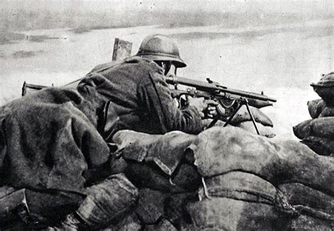 Belgian Soldier Guarding A Trench With A French Made Chauchat Light