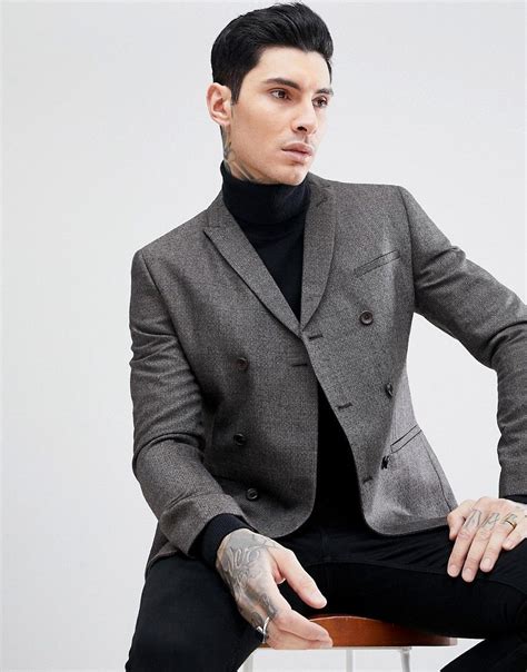 | asos gray black suit vest mens mans sleeveless polyester rayon lined 40 r xxl. ASOS DESIGN skinny double breasted blazer in gray texture ...
