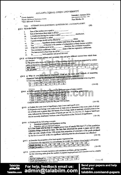 Business Statistics Code No 1430 Autumn 2016 Past Papers Aiou Talabilm