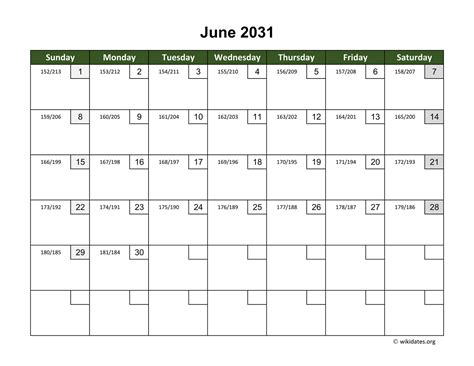 June 2031 Calendar With Day Numbers