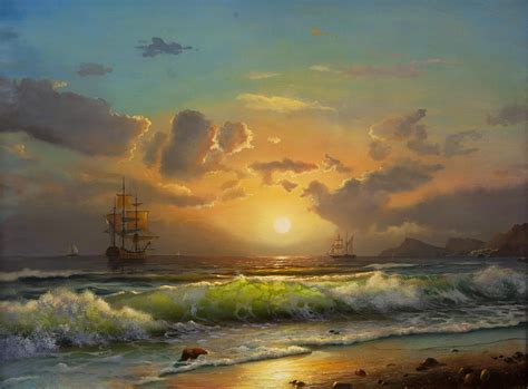 Ship Painting Waves Sun Clouds Beach Wallpapers Hd Desktop And