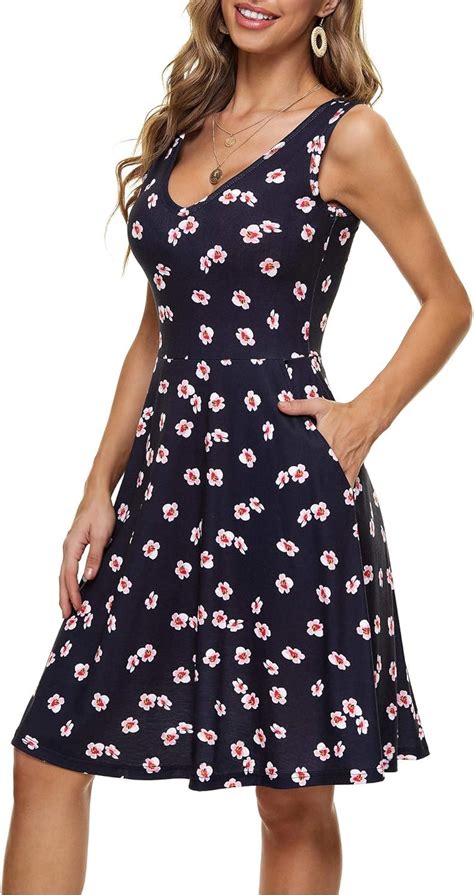 Buy Huhot Womens Sleeveless V Neck Floral Dress With Pocket Summer Beach Midi Flared Tank Sun