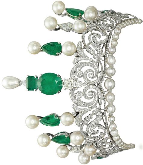 An Impressive Emerald Natural Pearl Cultured Pearl And Diamond Tiara