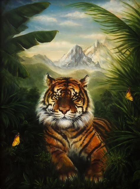 Tiger Resting In The Jungle Landscape Beautiful Detailed Oil Painting