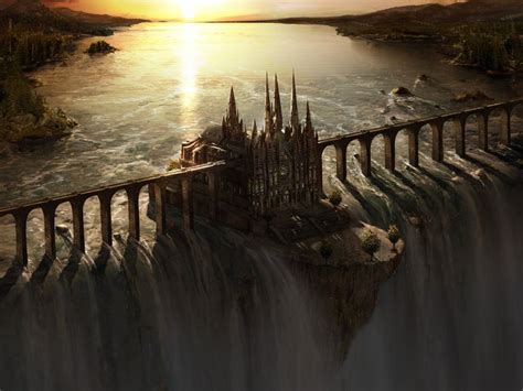 An Artists Rendering Of A Castle In The Middle Of A Waterfall At Sunset