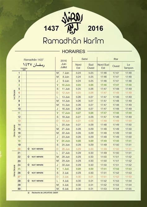 Calendrier Ramadhan 14372016 Mosquée Noor E Islam