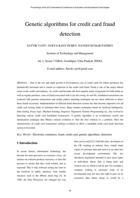 Honors program in computer science. (PDF) Genetic algorithms for credit card fraud detection