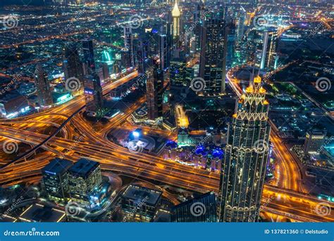 Aerial View Of Dubai At Night Seen From Burj Khalifa Tower Uae