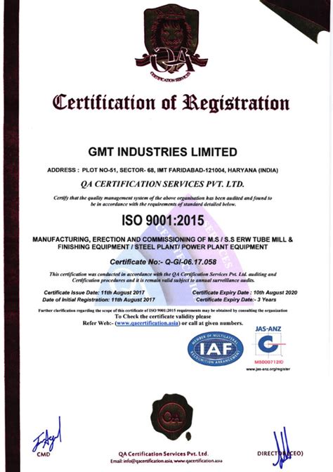 Iso 9001 2015 Certificate Gmt Industries Limited