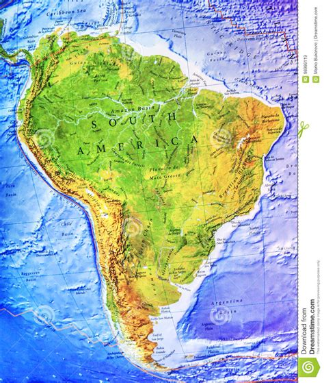 High Detailed South America Physical Map With Labeling Stock Image