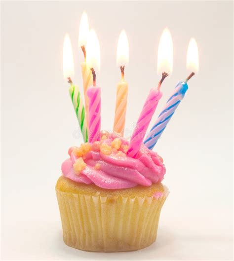 Pink Birthday Cupcake With Candle Lighting Stock Image Image Of Food