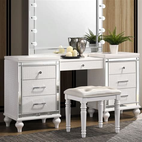 New classic valentino vanity lighted mirror and stool set. New Classic Valentino 7-Drawer Vanity Desk with Mirrored ...