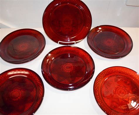 Set Of 6 Ruby Red Pressed Glass Dinner Plates 10 Etsy