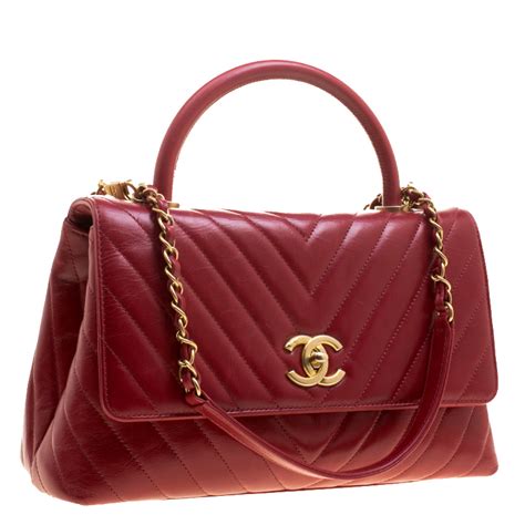 Chanel Red Chevron Quilted Leather Small Coco Top Handle Bag Chanel Tlc