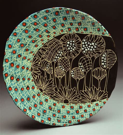 Marcy Neiditz Sgraffito Plate Turquoise And Black Sgraffito Using