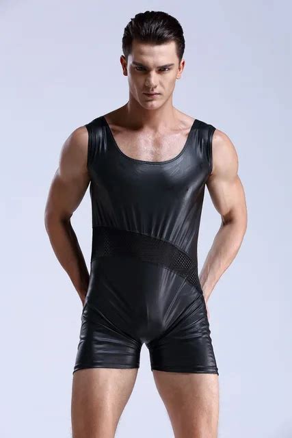 mens black patent leather leotard faux leather latex catsuit sexy lingerie bodysuit breathable