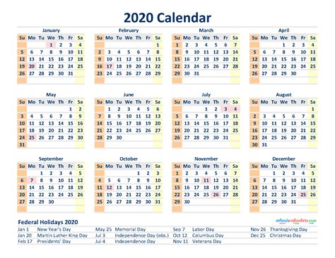 Printable 12 Month 2020 Calendar With Holidays