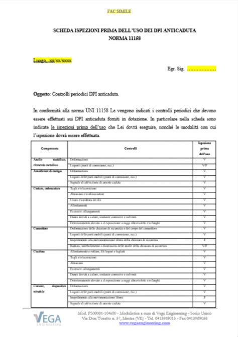 Fac Simile Modulo Scheda Dpi Anticaduta Vega Engineering