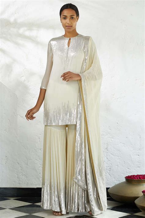 Buy Nakul Sen Off White Chiffon Embroidered Kurta Sharara Set Online Aza Fashions