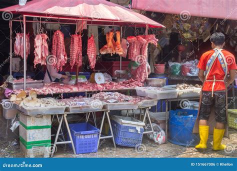 Fresh Meat Stall On Khlong Toei Market In Bangkok Thailand Editorial